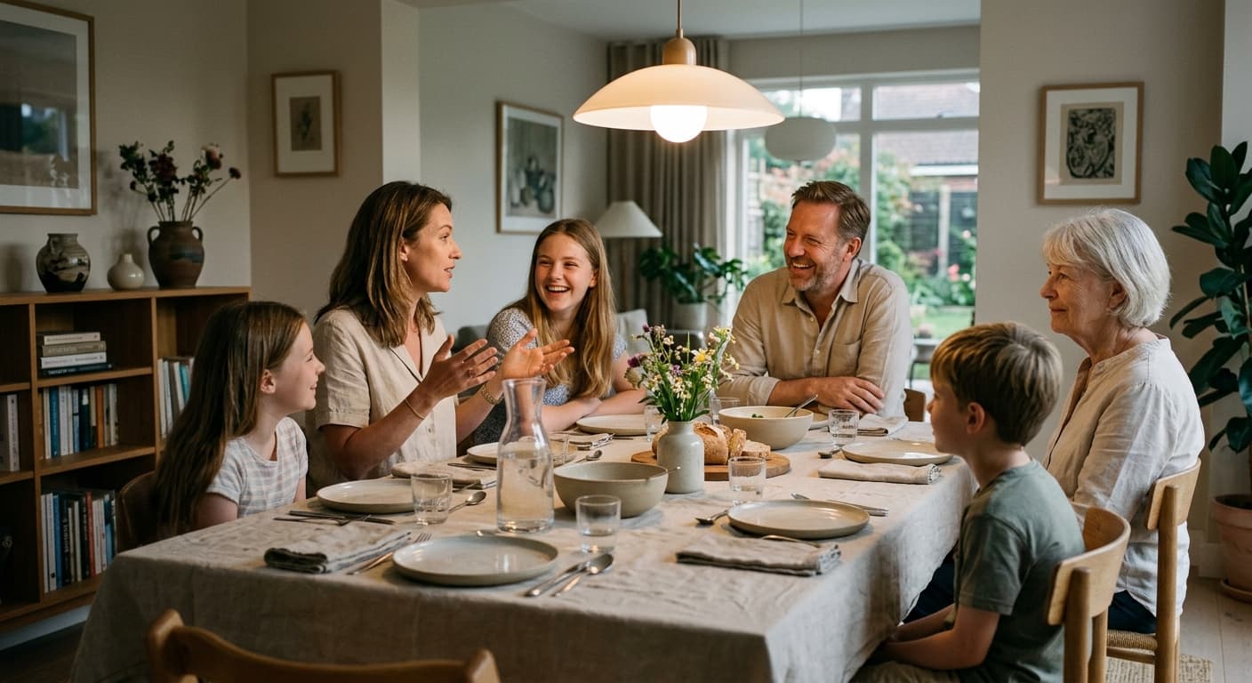 Várias gerações de uma família reunidas à mesa de jantar
