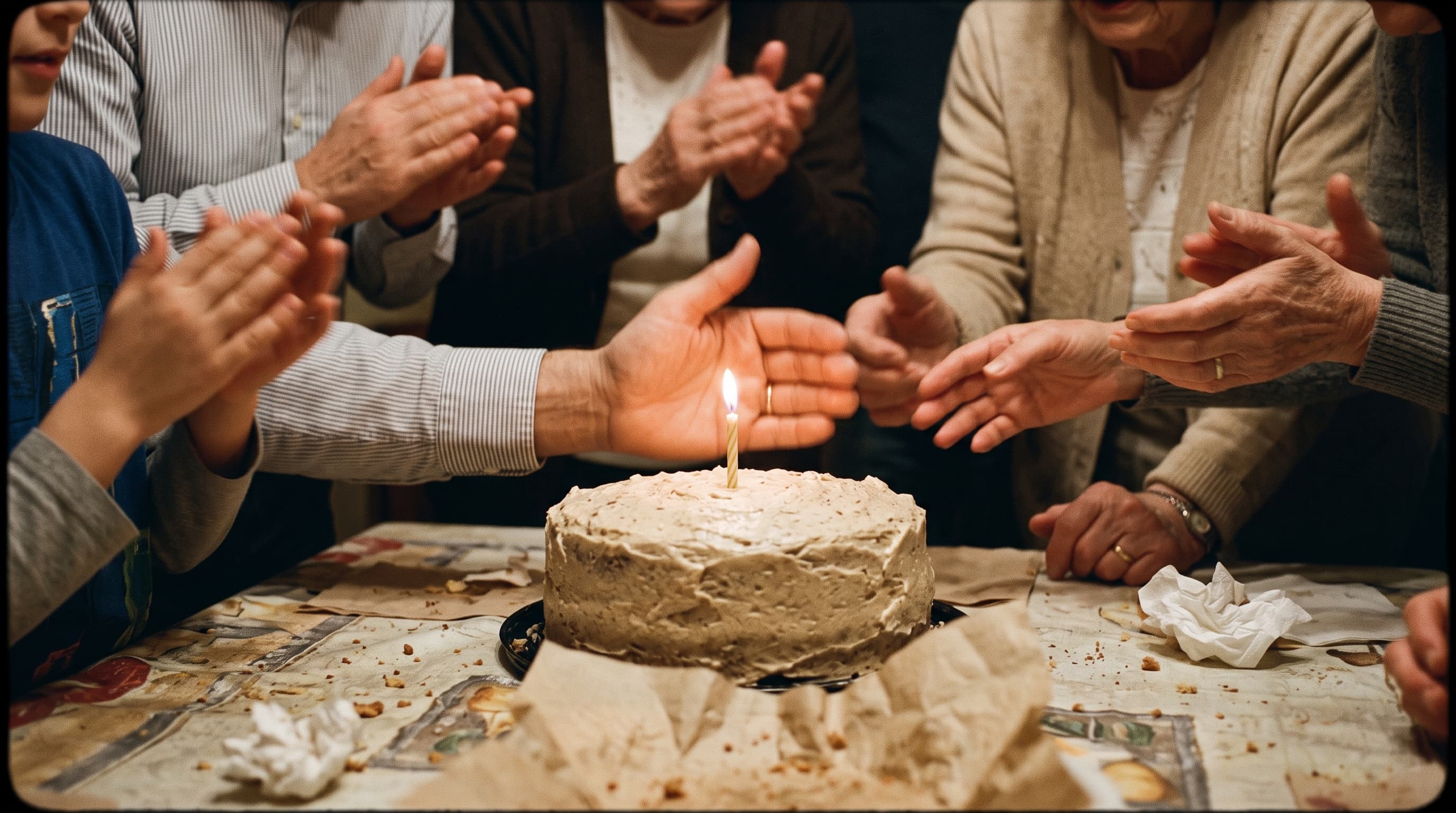 Mãos apagando uma vela de aniversário
